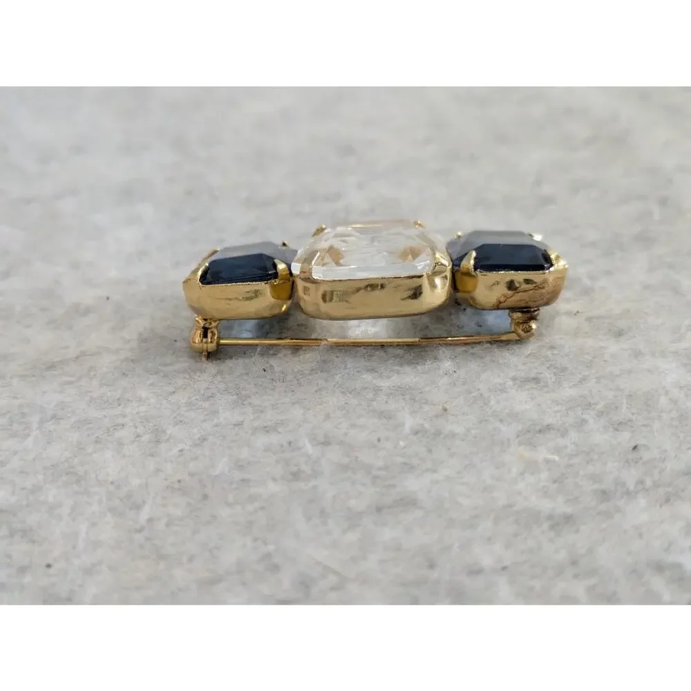 Vintage Avon Retro 3 Rhinestone Brooch Bar Pin Bue Clear Glass‎